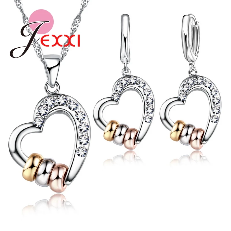

PATICO Luxury 925 Silver Necklace Earrings Jewelry Sets Clear CZ Crystal Rhinestone Heart Shape Womens Jewelry Sets