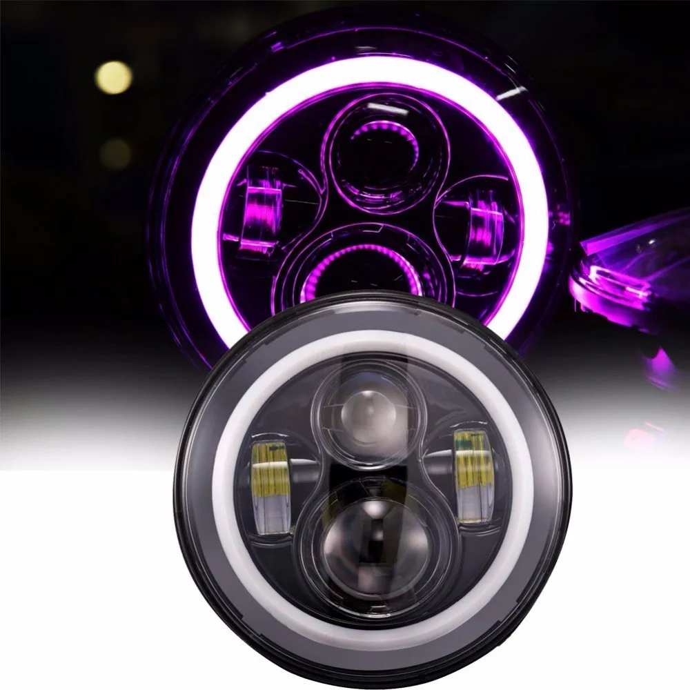 7 inch Round LED Headlights Daymaker with Pink Halo Ring Angle Eye DRL