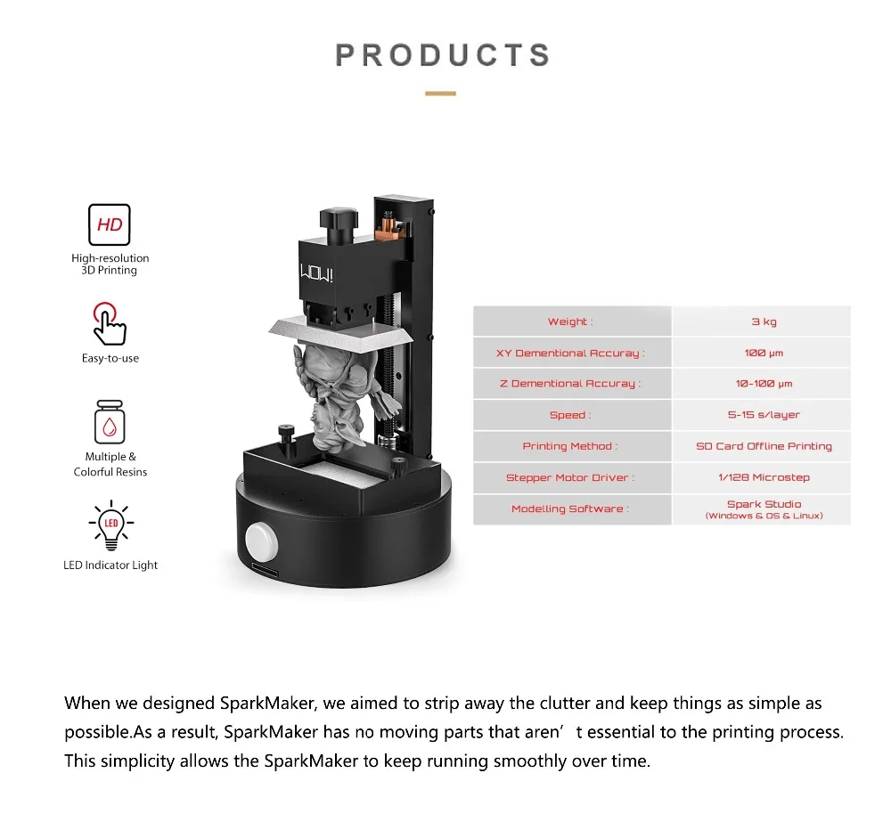 Sparkmaker свет отверждения 98*55*125 мм объем сборки SLA/lcd/DLP 3d принтер УФ Смола 3d принтер