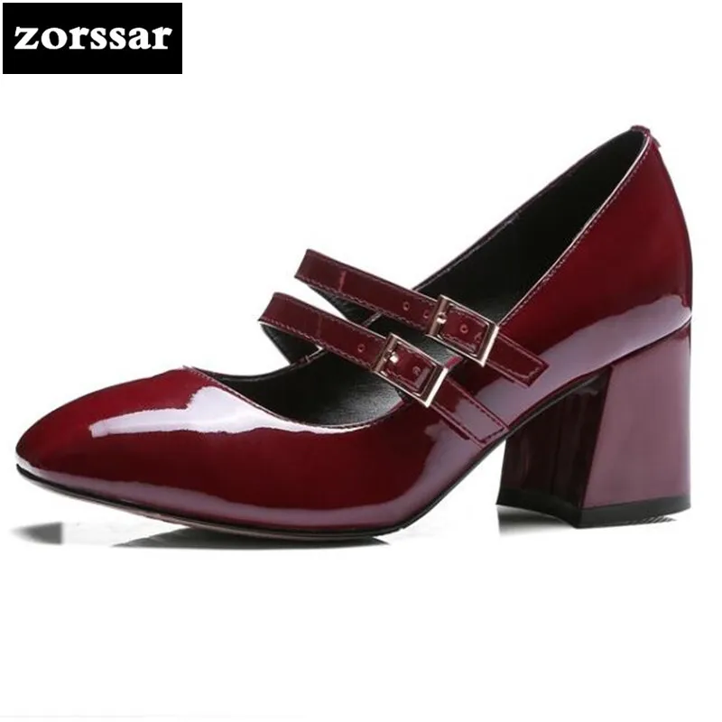 

{Zorssar} 2018 Genuine Leather female shoes heels Square toe High heels pumps Comfortable thick heel womens Ankle Strap shoes