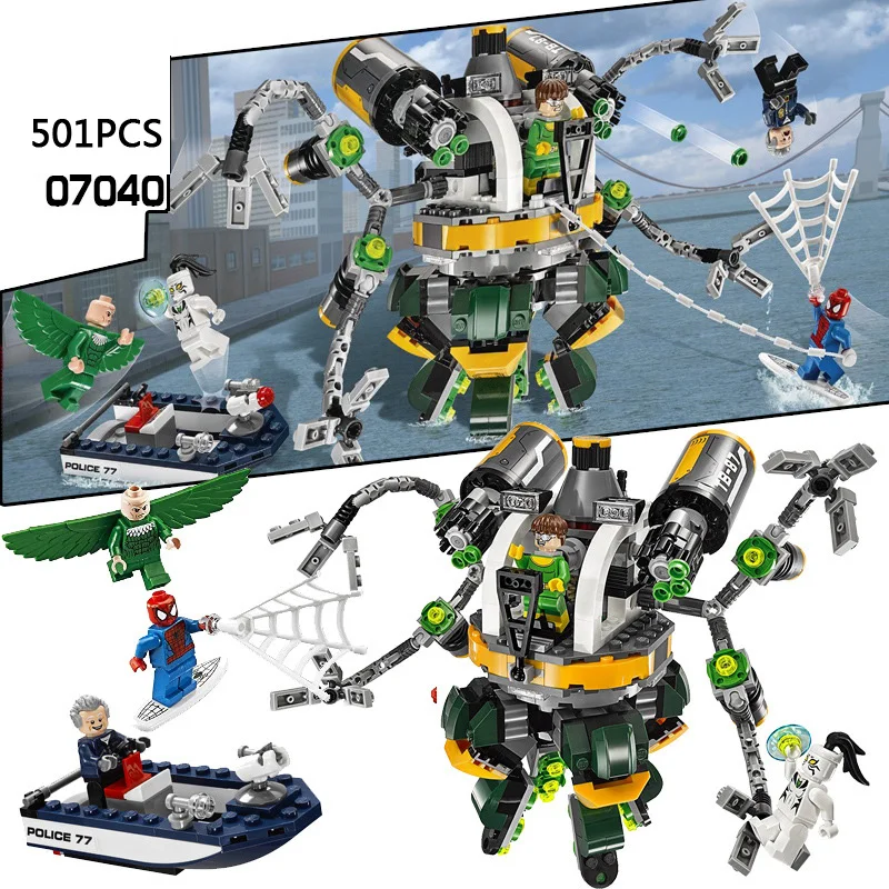 

Marvel super heroes Spiderman Doc Ock Tentacle Trap building block mini White Tiger Vulture figures bricks lepins 76059 toys
