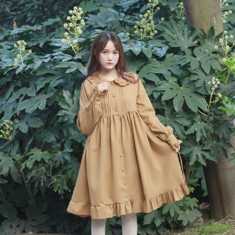 Japan Style Mori Girl Autumn Winter Women Kawaii Dress Peter Pan Collar Solid Casual Loose Vestidos Elegant Sweet Ruffles Dress Dresses