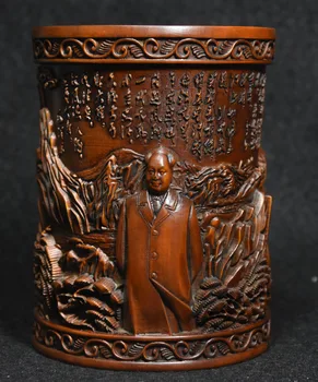 

wedding decoration China Boxwood Wood Carved Great chairman Mao ZeDong Statue Brush Pot Pencil Vase
