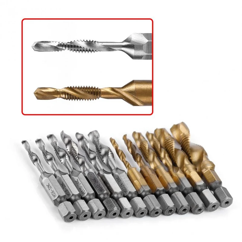 

12Pcs/Set M3-M10 Thread Tap Screw Taps Hex Shank Titanium Plated Hss Screw Thread Metric & Inch Tap Drill Bit Tapping Tool Set