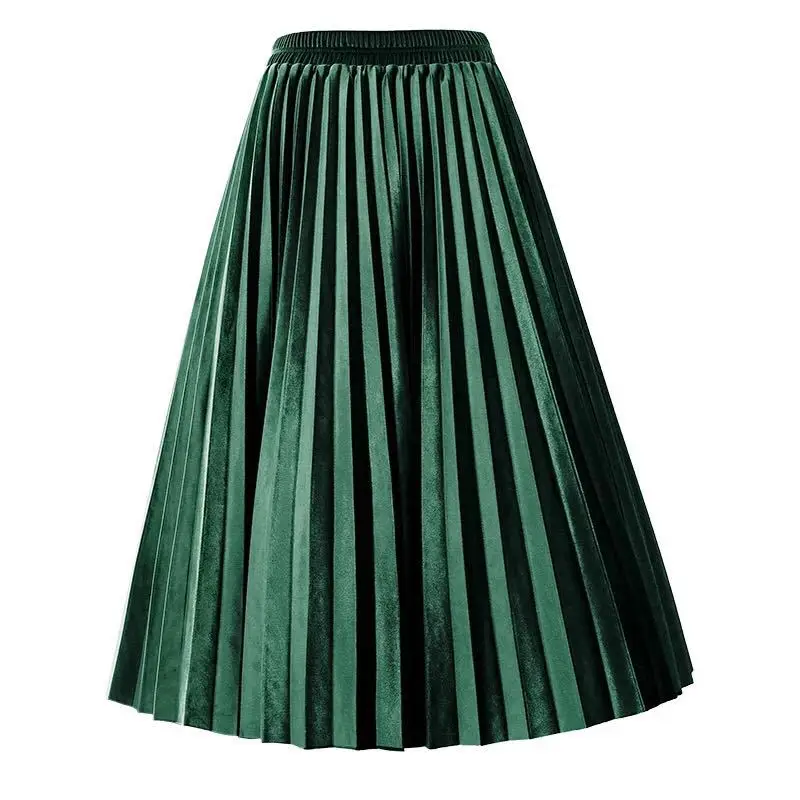 Зимняя металлическая Толстая бархатная плиссированная длинная юбка до середины икры, эластичная резинка на талии, плиссированная Осенняя Женская Корейская юбка синего и зеленого цвета - Цвет: dark green