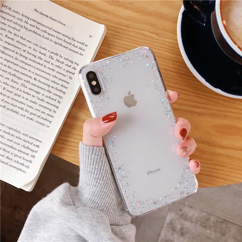 

Transparent Star Bling Glitter Back Phoene Cover For iPhone 6 6S 7 8 Plus X Xr Xs Max Solf Silicone Phone Case TPU Cover Simple