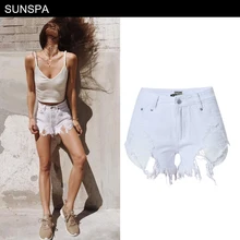 

SUNSPA 2017 casual pockets Ripped shorts summer Denim Shorts for women Sexy hole White Frayed Edges high Waist short jeans