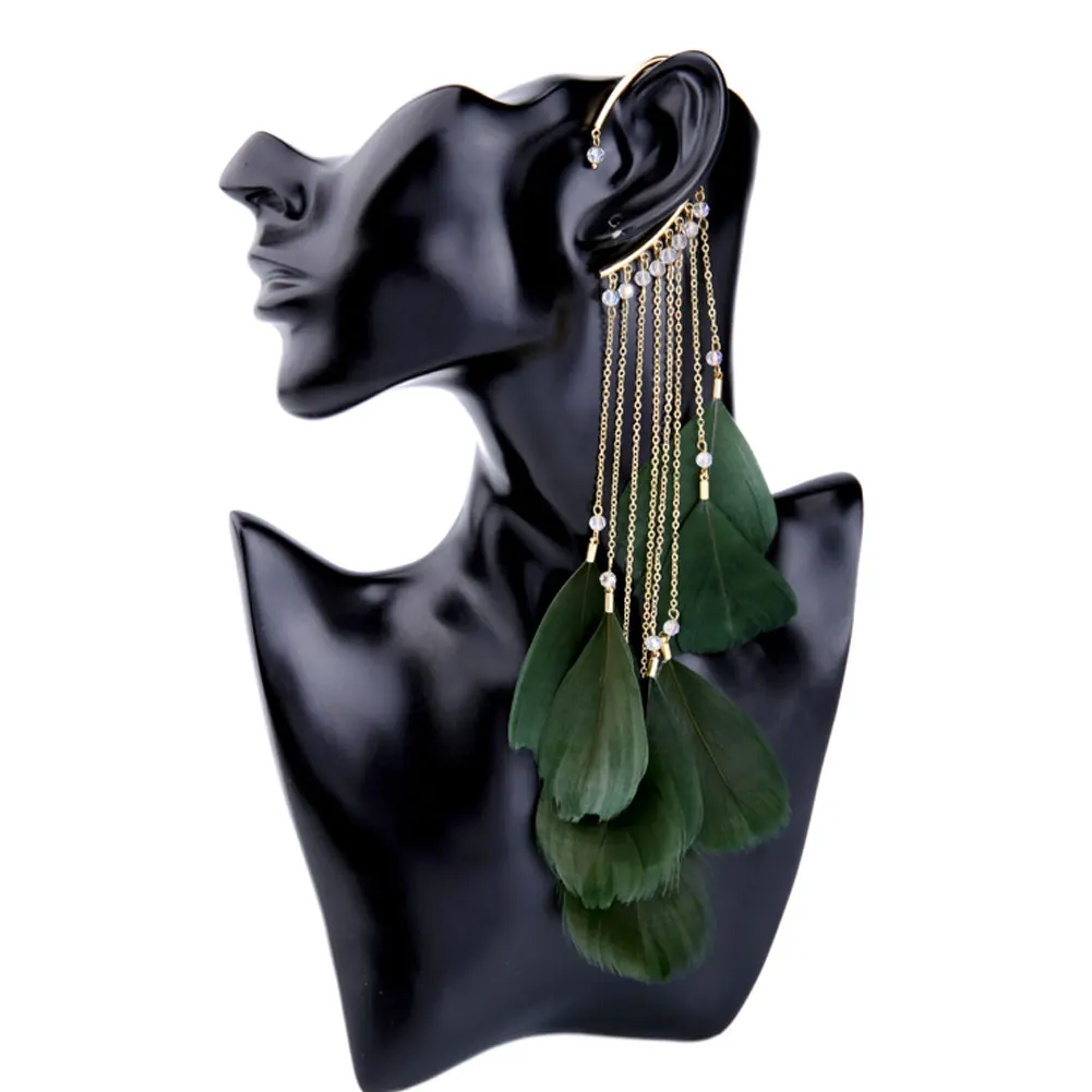 TrinketSea Trendy Women Cuff Clip Earrings Multi Color Leaves Feather Long Tassels Without Piercing Ear Fashion Jewelry | Украшения и