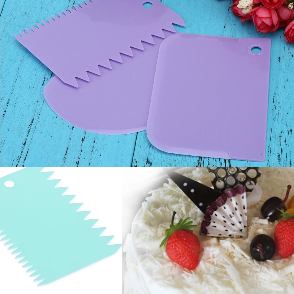 

3pcs Plastic Dough Icing Fondant Scraper Cake Edge Decorating Baking Pastry Tools Smooth Jagged Edge Spatulas Cutters 5 Colors