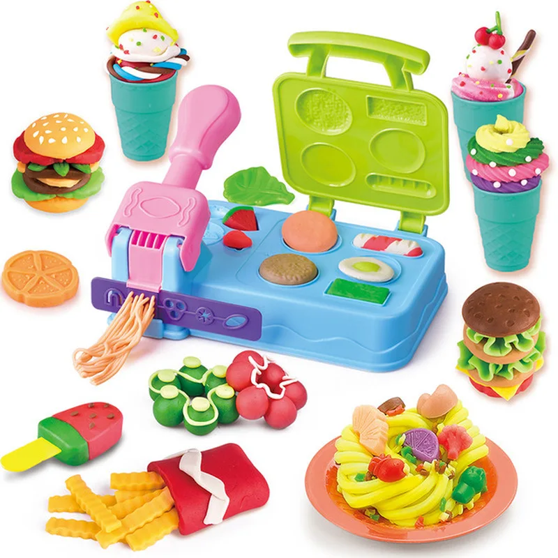 

Children 3D Color Clay Creative DIY Hamburger Plasticine Noodle Machine Cone Mold Handmade Toy Set Cloud Slime Playdough