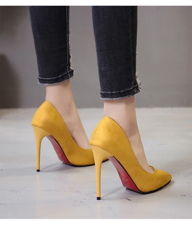 QSR/11,5 см туфли-лодочки женские замшевые туфли на высоком каблуке, черные универсальные рабочие туфли желтые туфли-лодочки с острым носком, узкие слипоны на каблуке