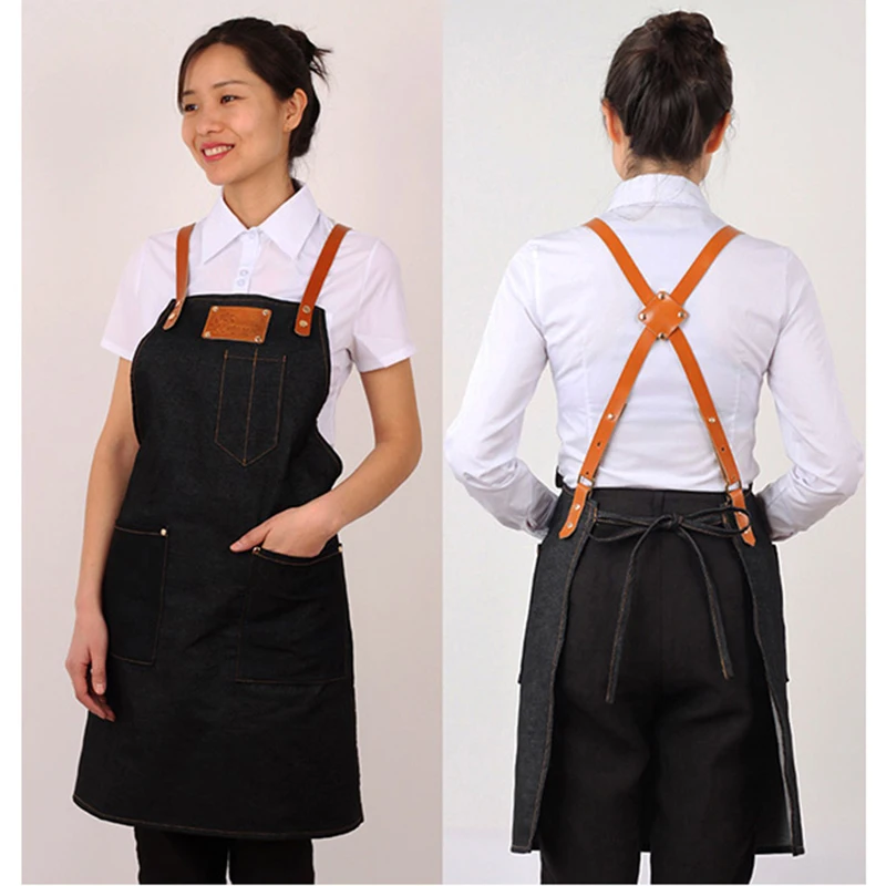 Senior Denim cowboy Apron Bib Leather Straps Kitchen Apron for Women