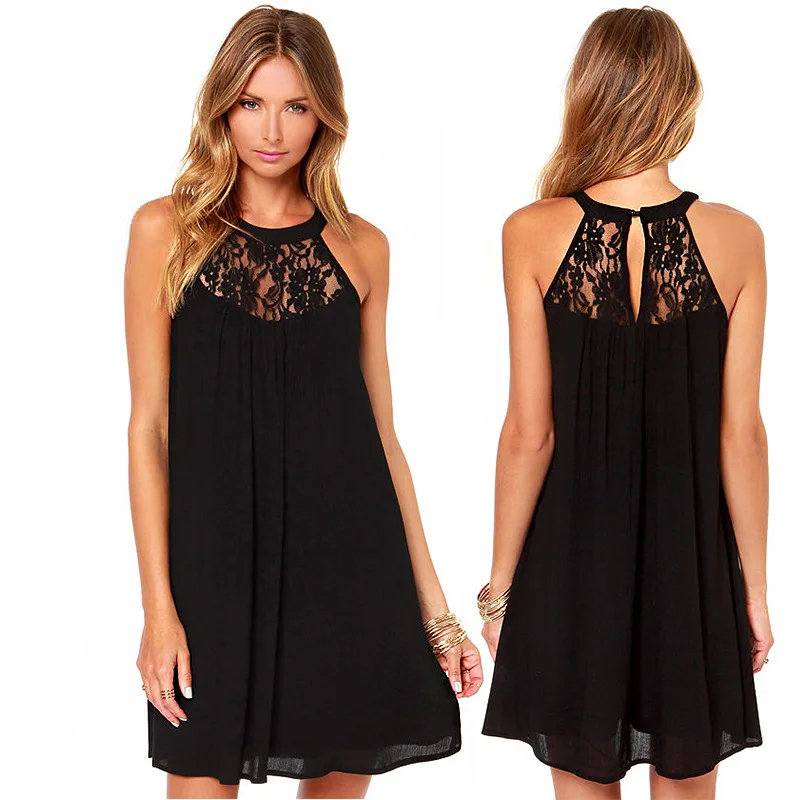 

Fashion Summer Black white Sleeveless lace stitching chiffon Dress women's dress