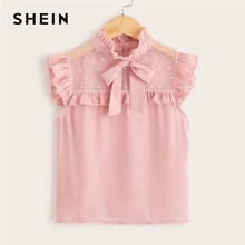 SHEIN/Детская однотонная розовая блузка в горошек с контрастным воротником и сеткой для девочек, топы для детей, коллекция года, летняя милая блузка с рукавами-крылышками и бантом спереди