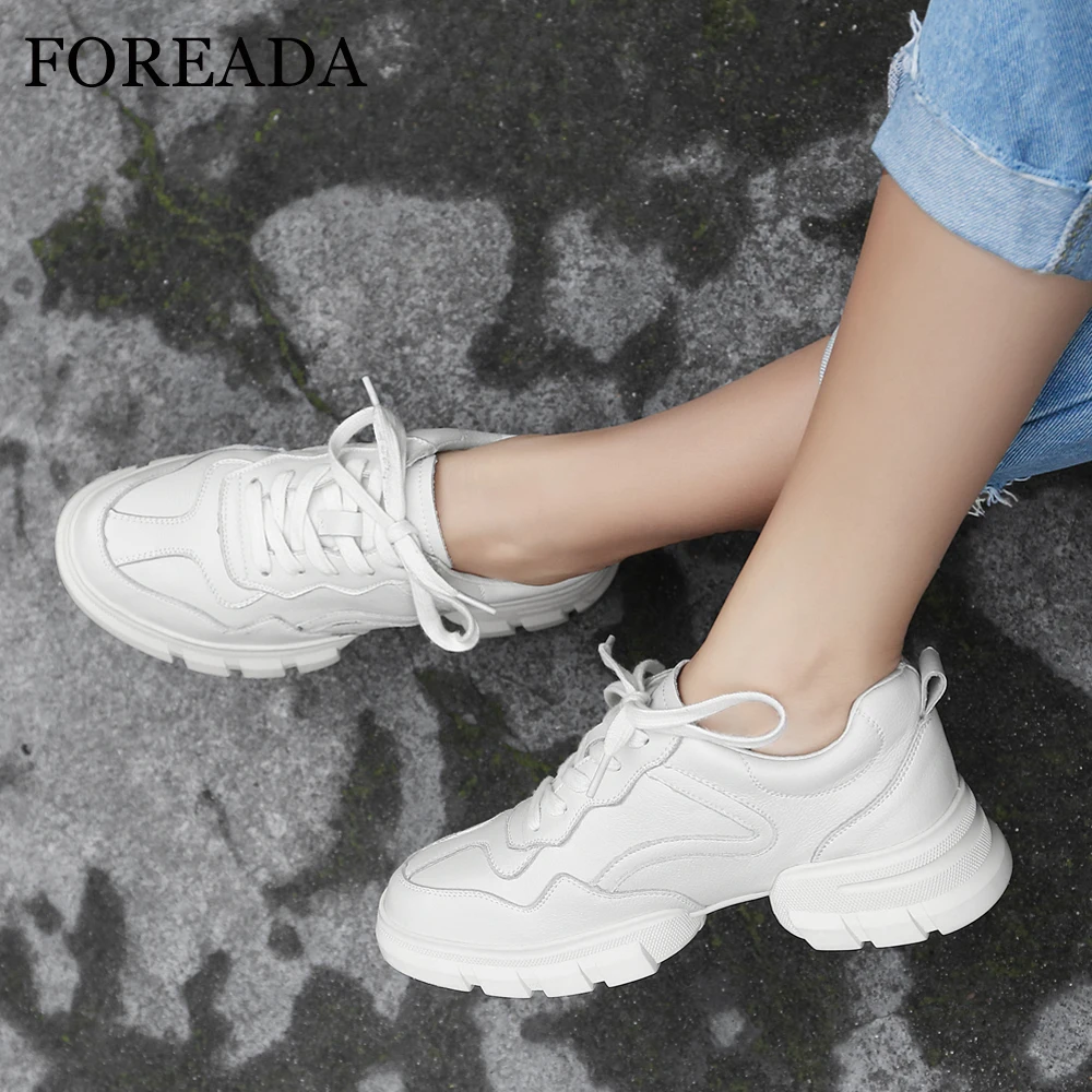

FOREADA Autumn Flats Sneakers Women Shoes Natural Genuine Leather Flat Platform Shoes Lace Up Round Toe Shoes Female Size 35-39