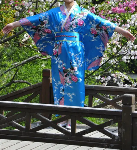 Красное/синее/фиолетовое новое популярное модное винтажное кимоно юката японского хаори Obi вечернее платье один размер - Цвет: Lake Blue