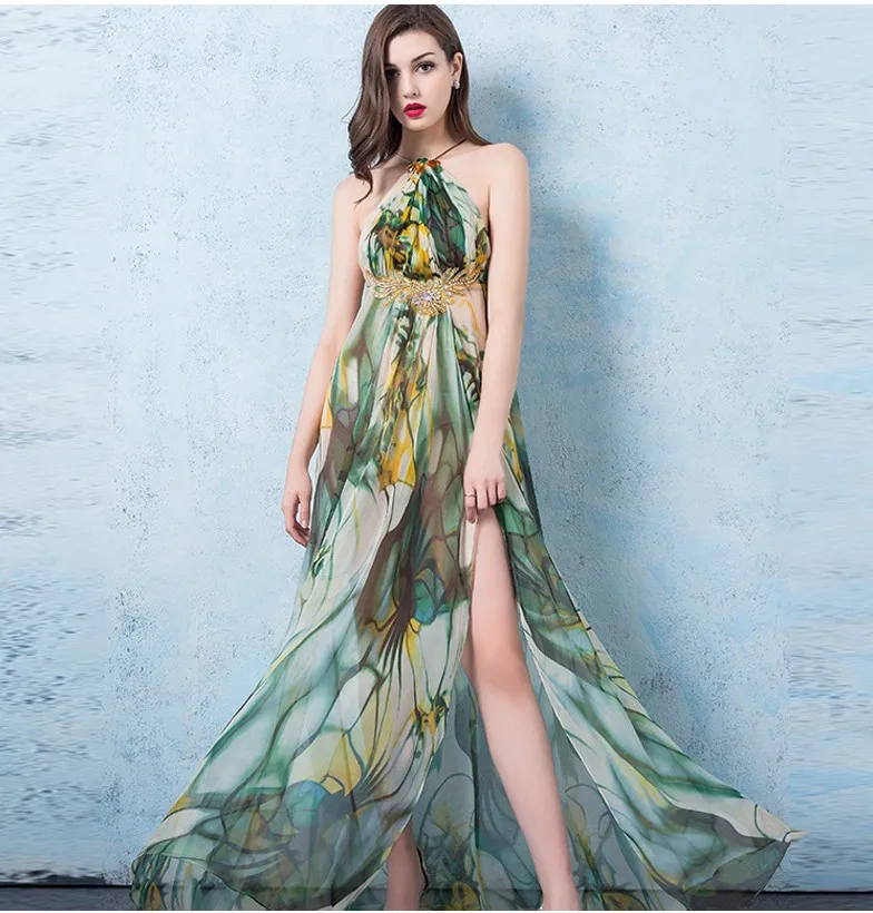 

boho halter beads backless long women dress chiffon split cross lace up summer dress beach maxi dress club party dress vestidos