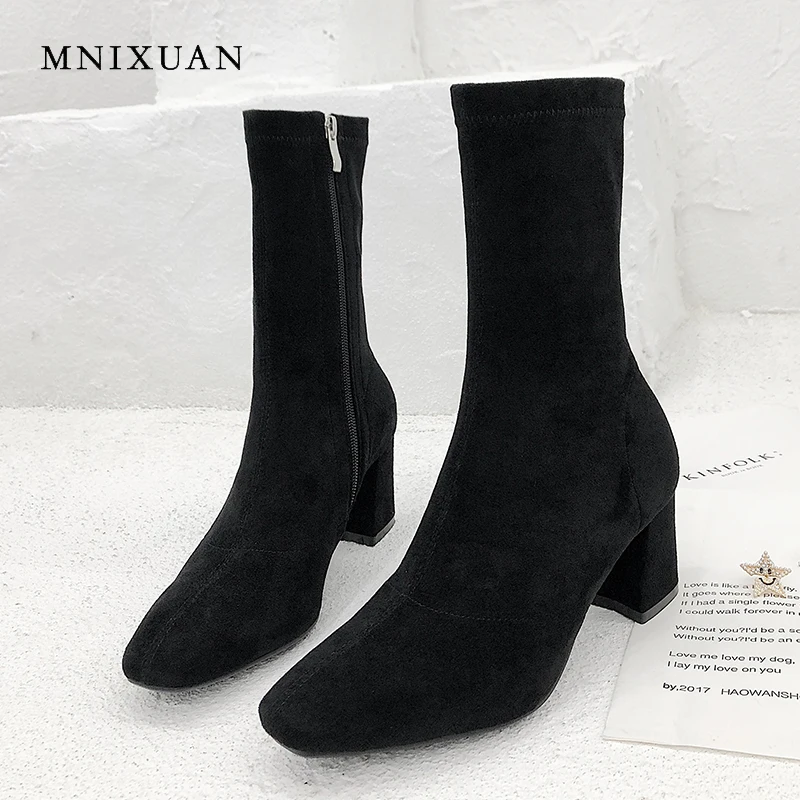 

MNIXUAN black women shoes suede stretch boots 2018 winter new square toe ankle boots high heels zipper work short boot big size