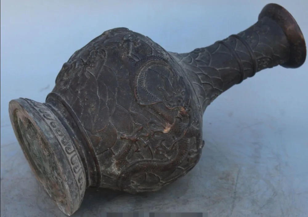 

S0652 17" Old Chinese Dynasty Palace Purple Bronze Dragon Flower Vase Bottle Statue