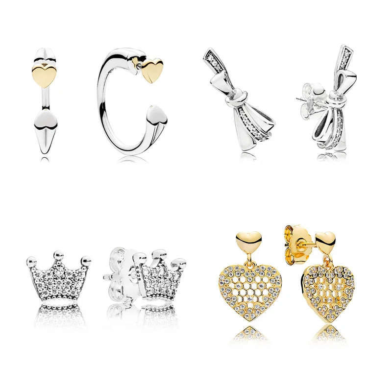 

Shine Brilliant Bow Honeycomb Lace Two Hearts Stud Earring 925 Sterling Silver Earrings For Women Wedding Gift DIY Jewelry