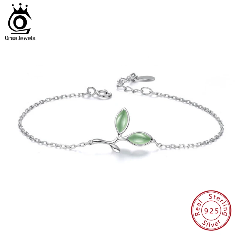 

ORSA JEWELS Real 925 Sterling Silver Female Bracelets With Green Leaf Pattern Romantic Bracelet Silver 925 Jewelry Gift OSB30