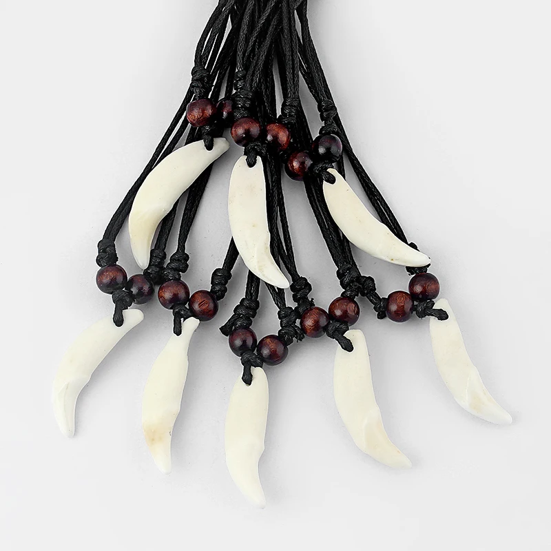 

2Pcs White Tooth Fangs Canine Real Wolf Tooth Pendant Neckalce Amulet Adjustable Black Wax Cotton Cord Necklace