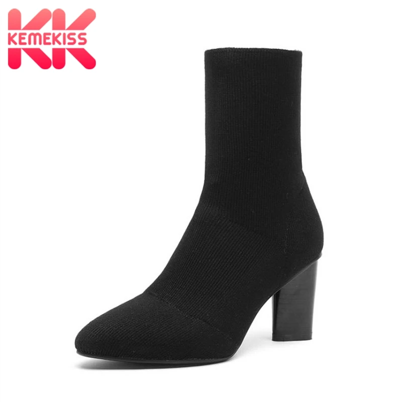 

KemeKiss Women High Heels Sock Boots Warm Elastic Knitting Casual Fall Winter Shoes For Women Mid Calf boot Footwear Size 34-39