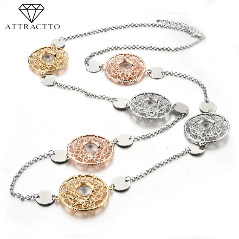 

ATTRACTTO Bohemian Jewelry Statement Necklace Pendants Charms For Women Stainless Steel Silver Dainty Chain Necklace SNE180012