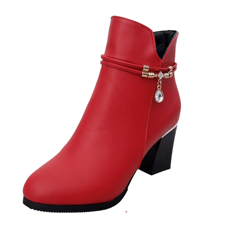 

2019 autumn and winter women's thick with high heel boots side zipper round head women's boots red 0216