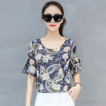 

Sweet Bow Print Floral Womens tops And Blouse Chiffon O Neck Tops Short Butterfly Sleeve Shirts Summer Ladies Blusa Femme Tops