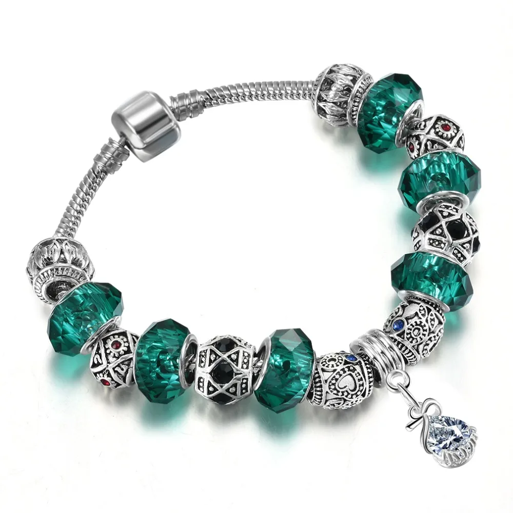 1PCS Hot Sale Silver Plated Love Snake Chain Fit Original Heart Bracelet Charm DIY Green Glass Bead Bangles Jewelry For Women