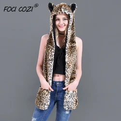2019 trending winter accessories mittens hat and scarf for women Leopard Faux Fur Hood Animal Hat Ear Flaps Hand Pockets 3 in1 2019 trending winter accessories mittens hat and scarf for women Leopard Faux Fur Hood Animal Hat Ear Flaps Hand Pockets 3 in1