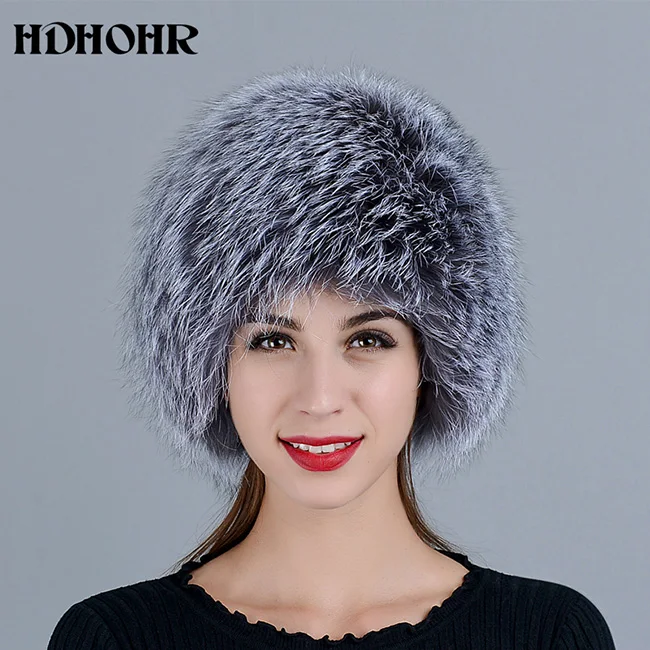 HDHOHR горячая Распродажа натуральный мех серебристой лисы, женская шапка из натурального меха, вязаная шапка из лисьего меха, женские толстые теплые головные уборы - Цвет: Серый