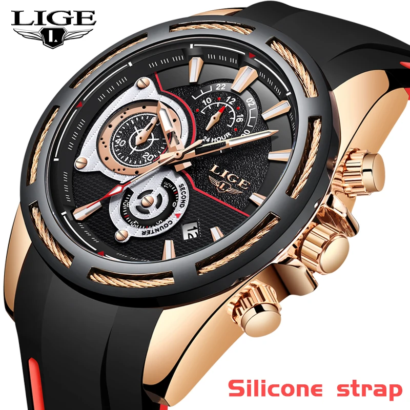 

New LIGE Mens Watches Silicone Strap Watch Men Top Brand Luxury Waterproof Sport Chronograph Quartz Wristwatch Relogio Masculino