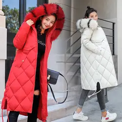 Великолепный и благородный корейской версии женские зимняя куртка-пуховик большой меховой воротник выше колена Свободные Тонкий прилив