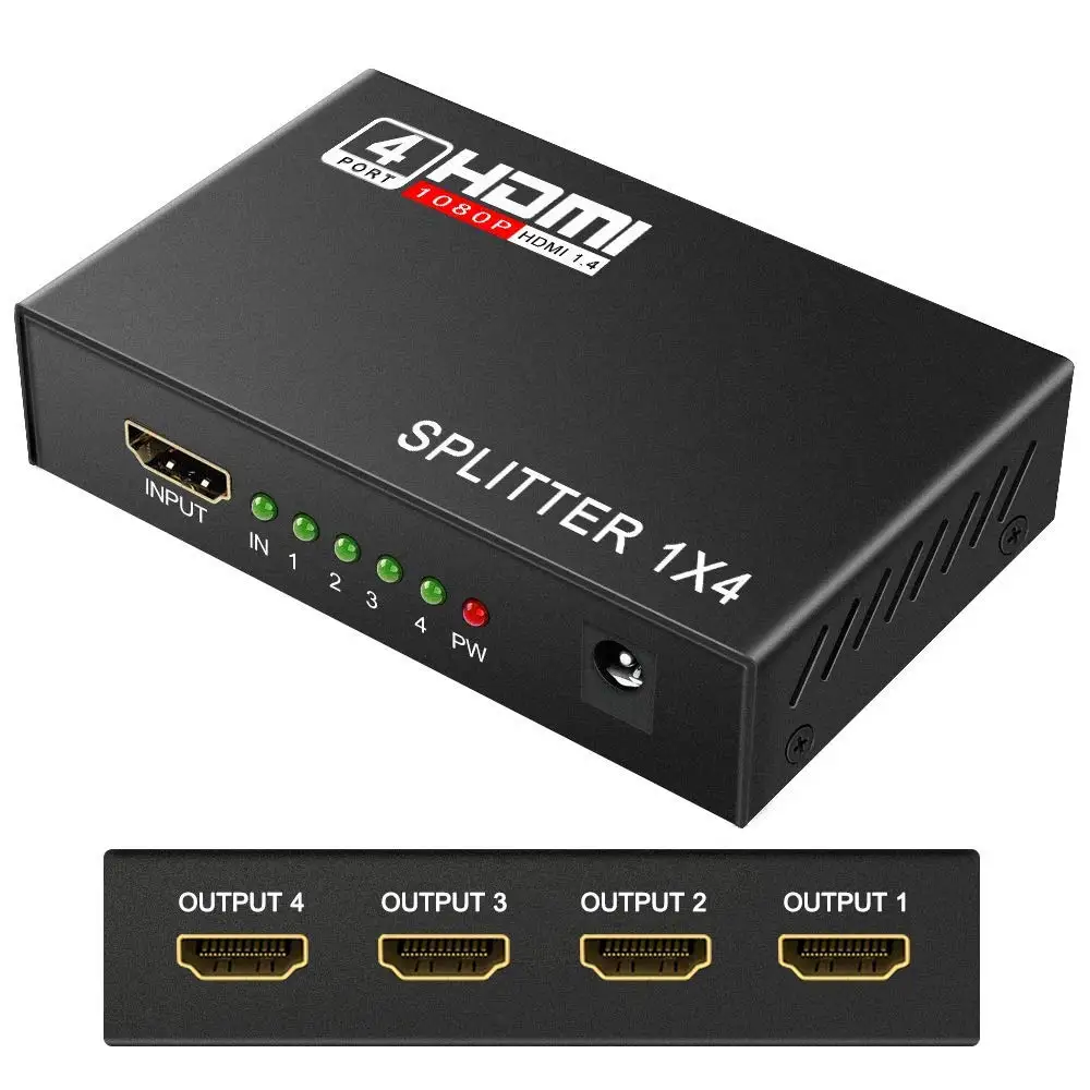 HDMI Splitter 1 In 4 Out, Tolmnnts HDMI Splitter Powered by AC Adapter, Supports 3D Full HD1080P