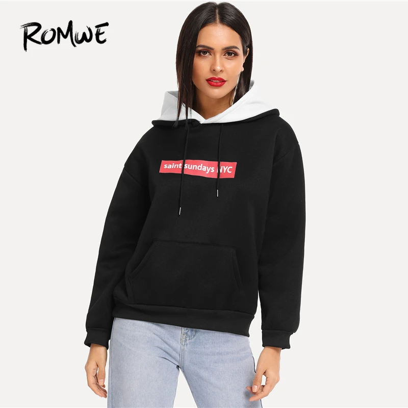  ROMWE Letter Print Kangaroo Pocket Drawstring Hoodie Black Women Sweatshirts 2019 Spring Autumn Lon