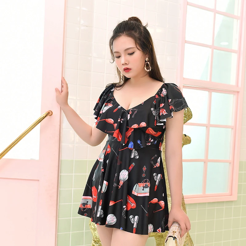 

Flouncing short sleeve two-piece swimsuit printed padded beachwear dress underwire big chest bodysuit plus size swimmwear women