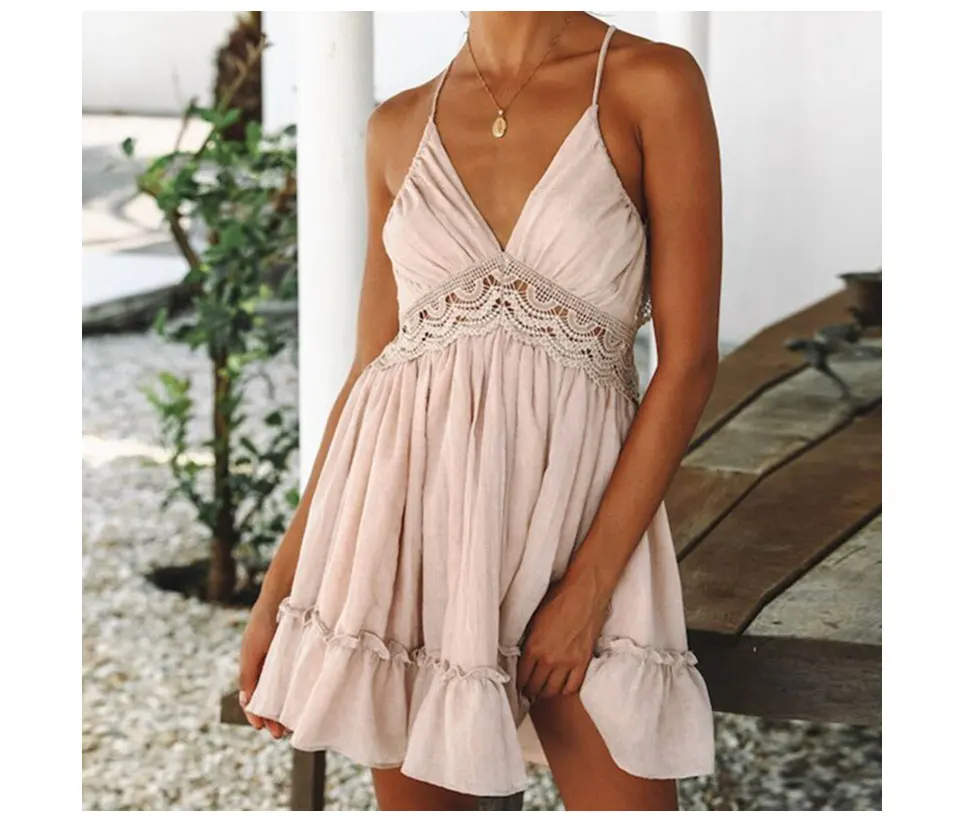 ArtSu Bohemian Halter Mini Sundress Sweet Girl White Lace Dress Women Backless Sleeveless Beach Dress Mujer Vestidos ASDR60086