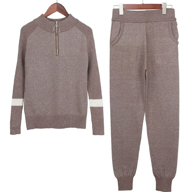 1797.17 руб. 40% СКИДКА|Женский трикотажный брючный комплект с люрексом, бежевый комплект из 2 х предметов: джемпер на молнии и спортивные брюки, для осени и зимы-in Женские комплекты from Женская одежда on Aliexpress.com | Alibaba Group