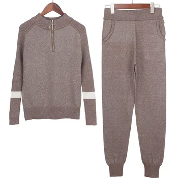 

Lurex Women Sweater Suits And Set Casual Knitted Sweaters Pants 2Pcs Track Suits Zipper Women Trousers+Jumpers Top Clothing Sets