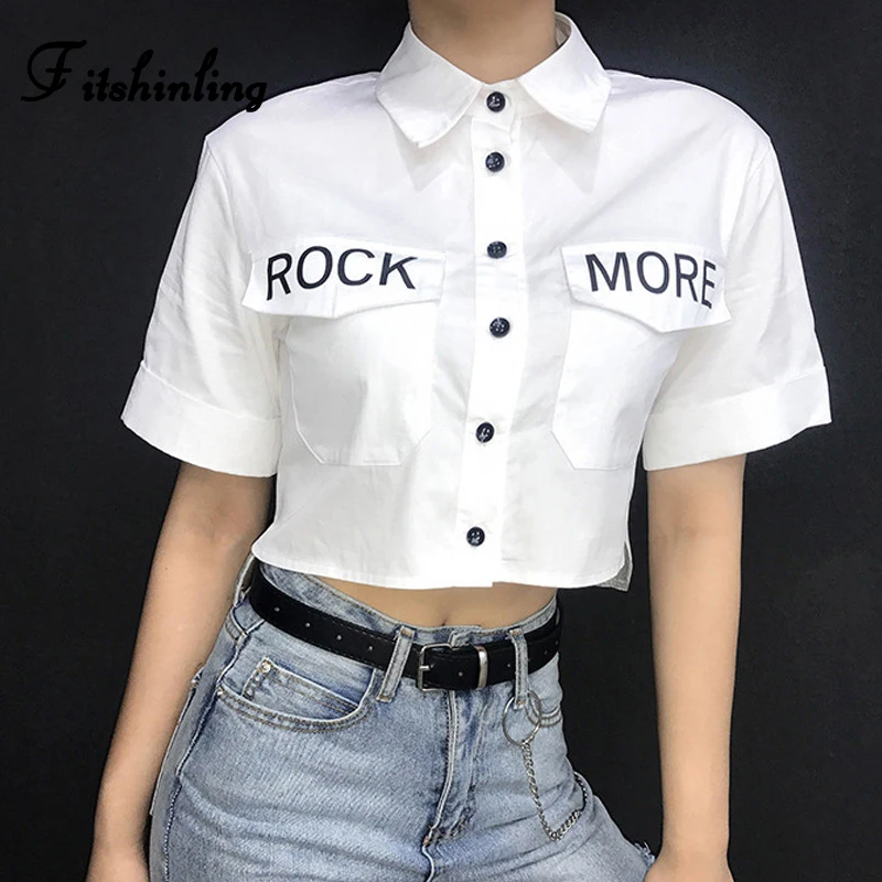 

Fitshinling Pockets buttons up blouse shirt cotton crop top letter print turn down collar white women blouses streetwear shirts