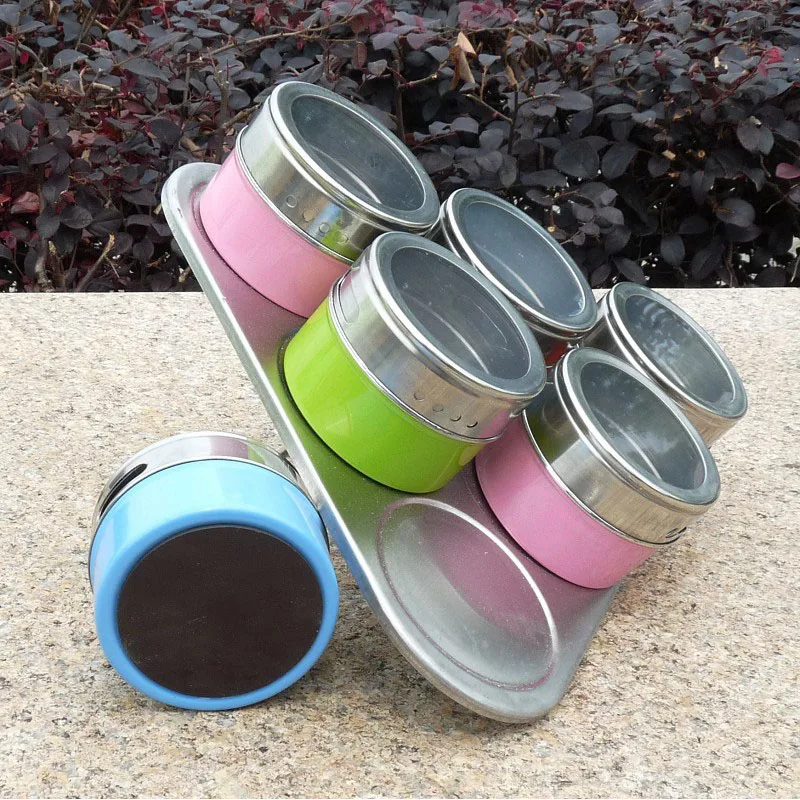 

6 pcs Magnetic Spice Jar Set Multicolor Stainless Steel Spice Jars With Rack Set Steel Pepper Shakers Seasoning Sprays