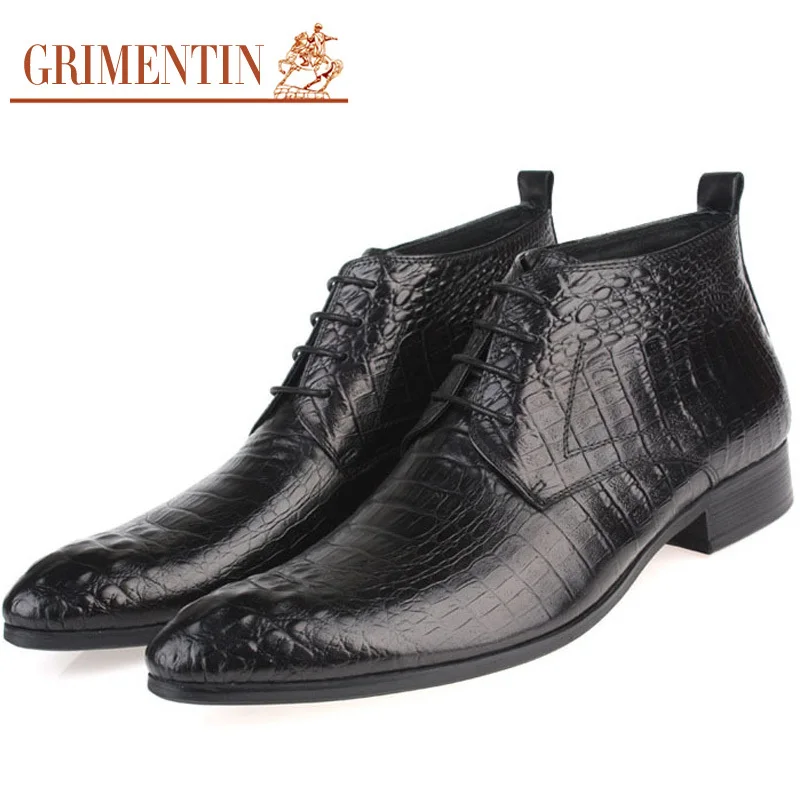 

Mens Leather Boots Ankle Lace up Crocodile Calfskin Italian Winter Shoes Size38-44 BO207