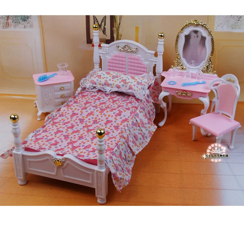 

For Barbie Doll Furniture Accessories Plastic Toy Sweet Dream Princess Bed Dressing Table Chair Play House Holiday Gift Girl DIY