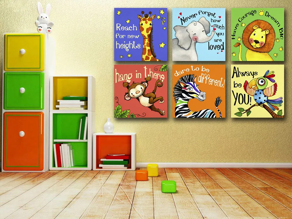 Art Canvas painting Oil Painting 6 PCS/Set Modern Cartoon Animals Wall Pictures Wall Deco Wall Stickers For Kids Rooms