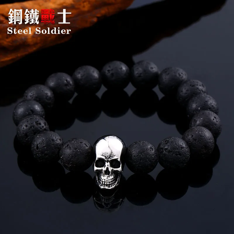 

Steel soldier unique stainless steel pretty skull lava stone fashion women and men bracelet yoga sport jewelry 2019 new arrival