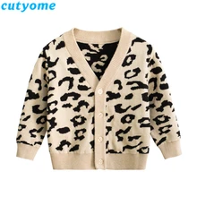 Свитер-кардиган для маленьких мальчиков и девочек, вязаный свитер с v-образным вырезом и леопардовым принтом на осень и зиму, детская одежда, детский вязаный кардиган