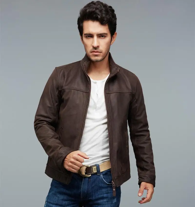 Factory Brown Nubuck Genuine Leather Jackets Men Real Calf