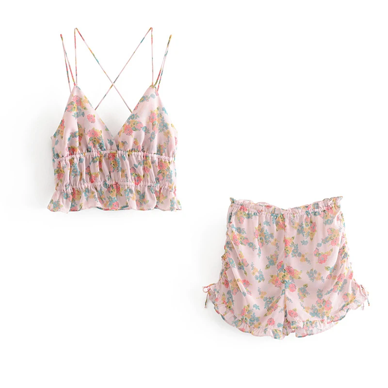

Prairie Chic Summer Vintage Floral Print 2 Piece Set Women New Fashion Sweet Strap Crop Top And Hot Pants Conjuntos De Mujer
